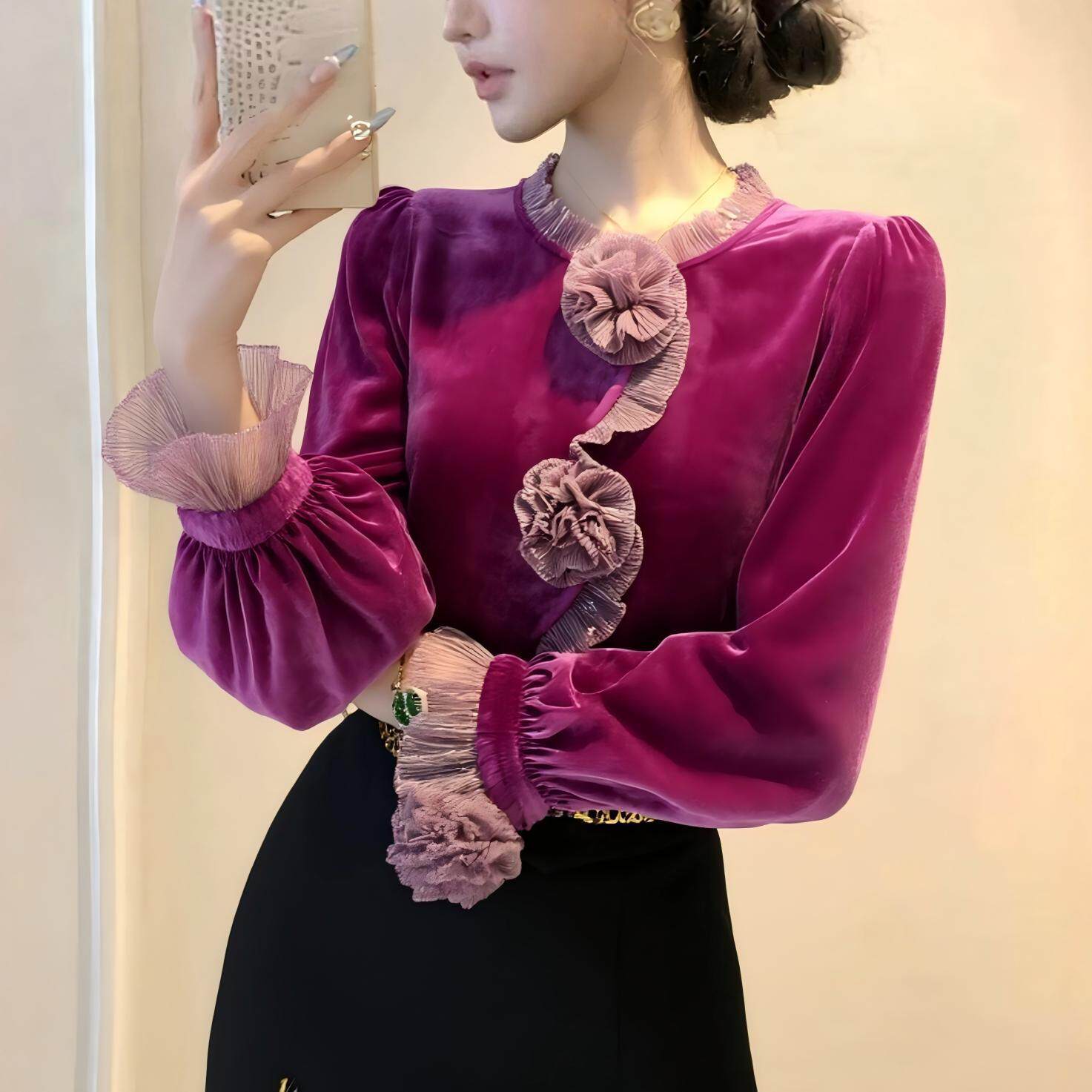 法式花边领金丝绒上衣女2025新款独特漂亮新中式贵妇长袖衬衫洋气