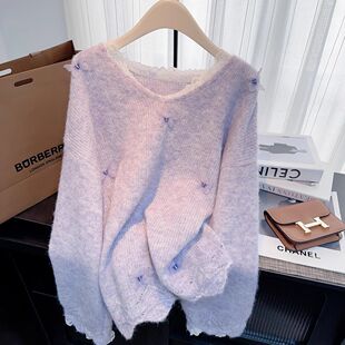 慵懒松弛感半身裙套装秋季新款紫色立体蝴蝶毛衣蕾丝中长裙毛衣