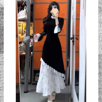 高级感新中式丝绒连衣裙女秋冬蕾丝拼接假两件旗袍裙长裙3314