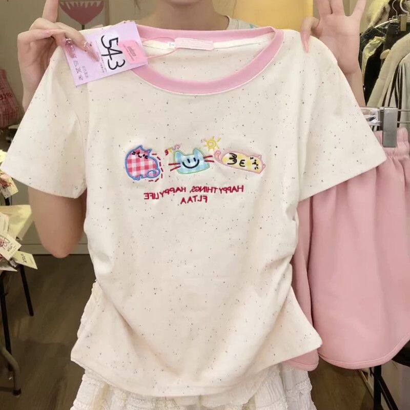 猫咪刺绣夏季纯棉正肩短袖甜妹T恤修身短款新款显瘦学院风上衣ins