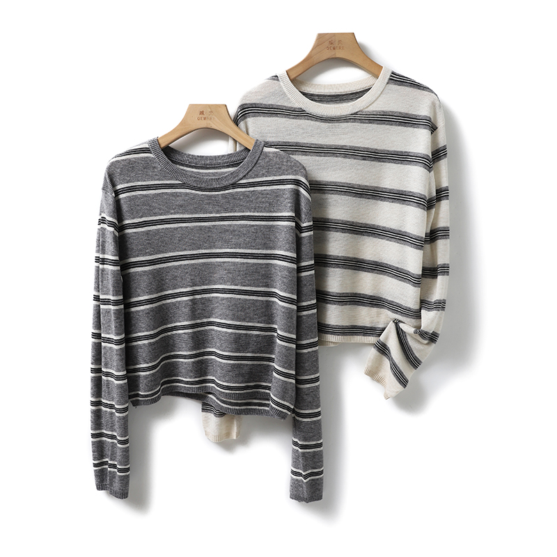 超细羊毛撞色条纹针织衫套头毛衣