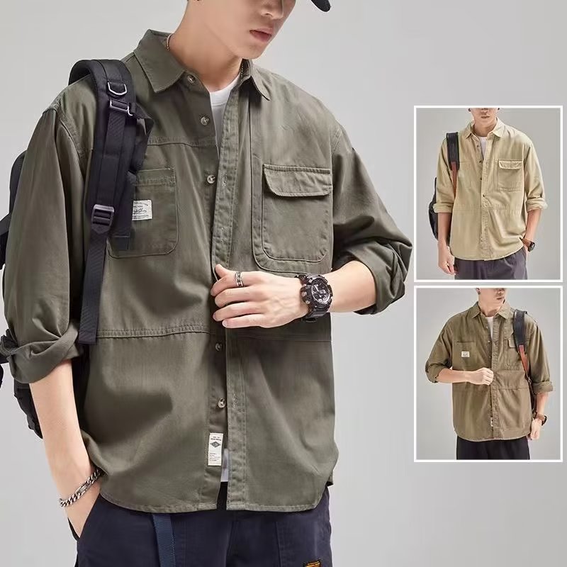 2023春秋季男士长袖衬衫男日系宽松休闲衬衣外套纯棉新款潮牌工装