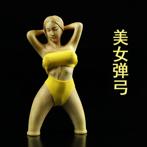 黄杨木雕刻户外美女弹弓把玩件