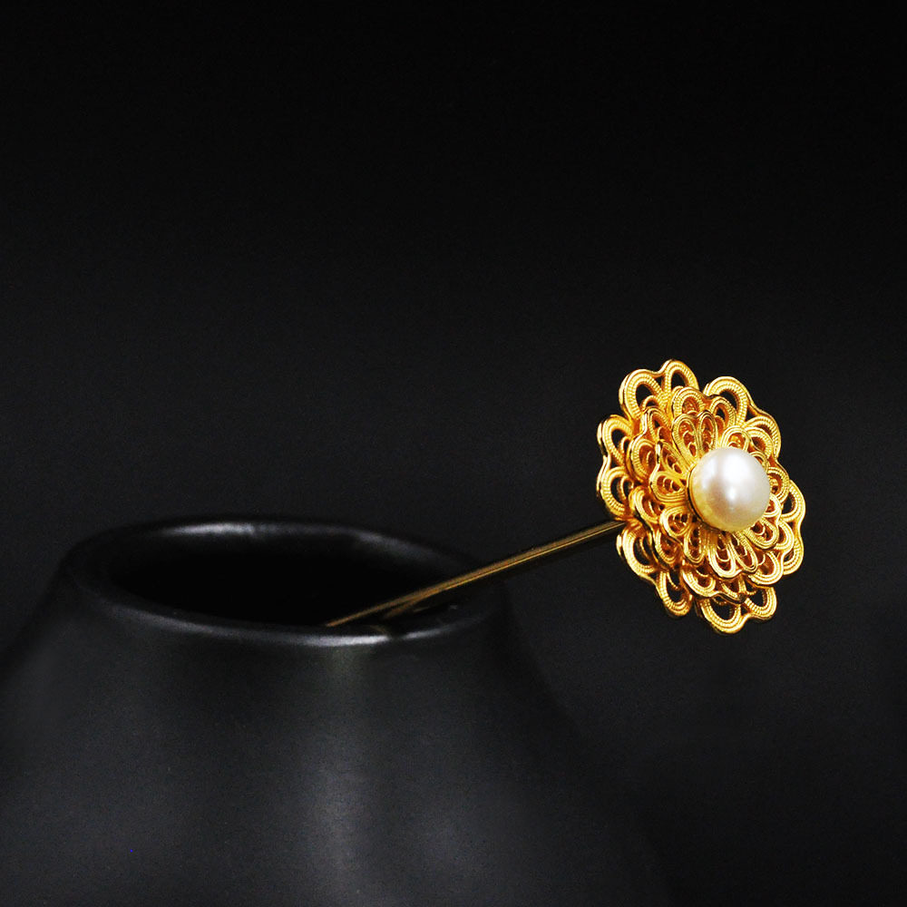 纯银镀金花丝镶嵌珍珠莲花簪汉服首明代狄髻头饰古装造型剧组头饰