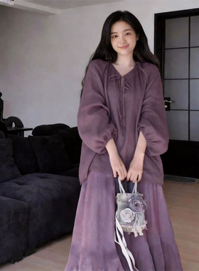 法式慵懒风高级感紫色苎麻衬衫女春夏新款宽松显瘦绑带防晒上衣