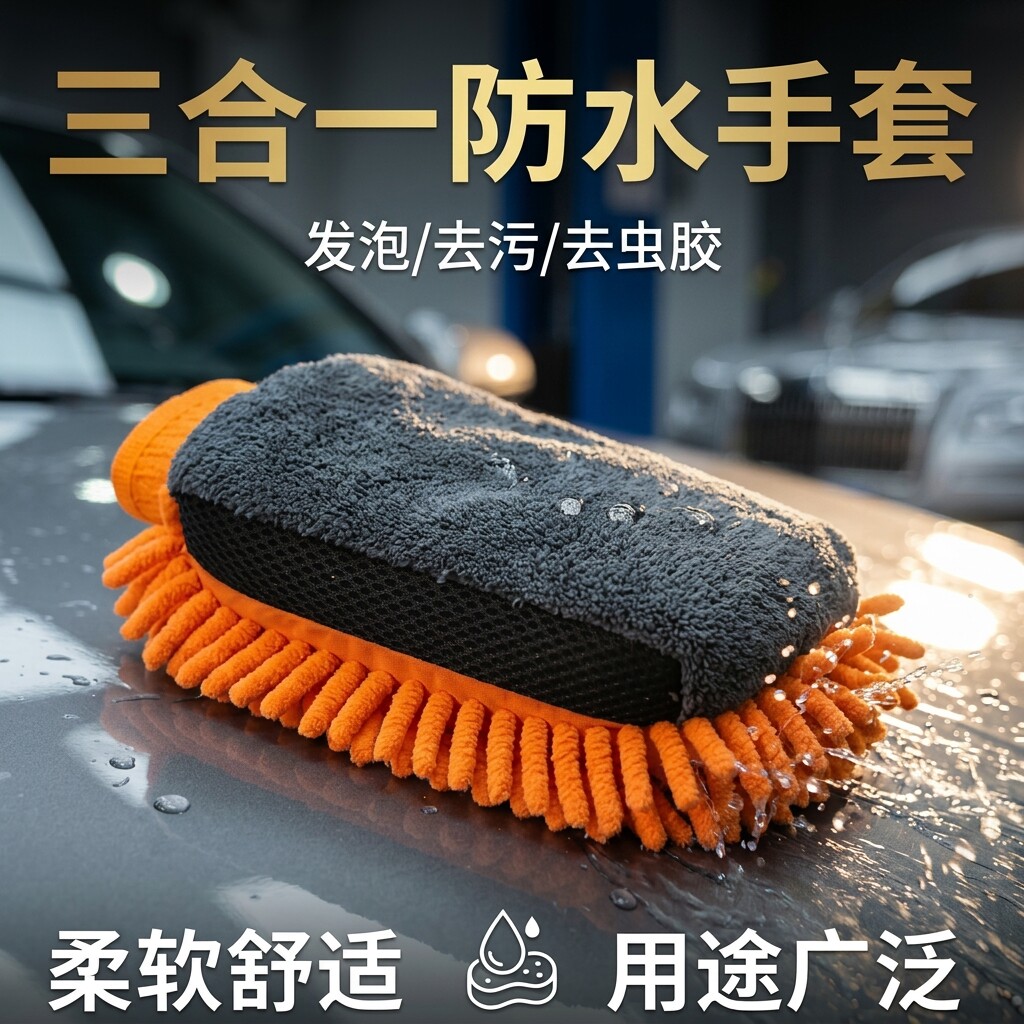 洗车手套专用珊瑚毛绒加厚海绵熊掌抹布虫胶防水双面擦车清洁工具