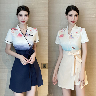 秋冬套装连衣裙复古两件套足浴技师工作服桑拿洗浴工装会所衣服女