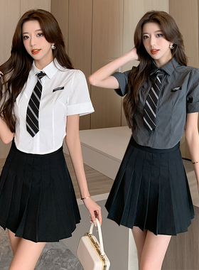 性感修身白色衬衫女短袖百褶裙时尚套装OL制服足浴酒店KTV工作服