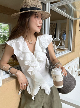 MADEIN OST-2026新款时尚百搭法式浪漫荷叶边收腰上衣背心91317