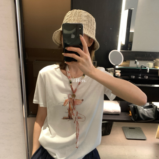 Hers-夏上新有点小调性的狗狗图案短袖T恤配串珠小丝巾)80675