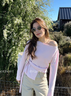 MADEIN OST-26年早春轻法式贝壳装饰可斜肩绑带长袖T恤91279