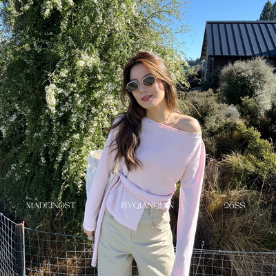 MADEIN OST-26年早春轻法式贝壳装饰可斜肩绑带长袖T恤91279