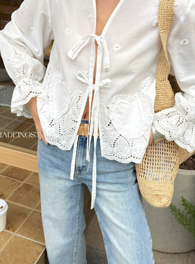 MADEIN OST-26年早春法式复古简约大气棉布绣花绑带开衫小衫91207