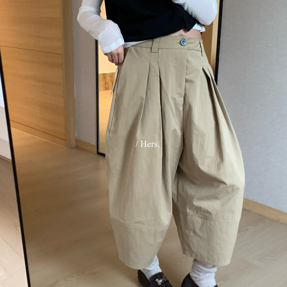 Hers-秋上新简约日系压褶高腰萝卜七分休闲裤66814