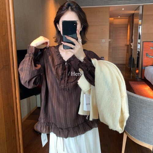 Hers-早秋上新简约韩系日常木耳边系带小衫(含9棉料)66635
