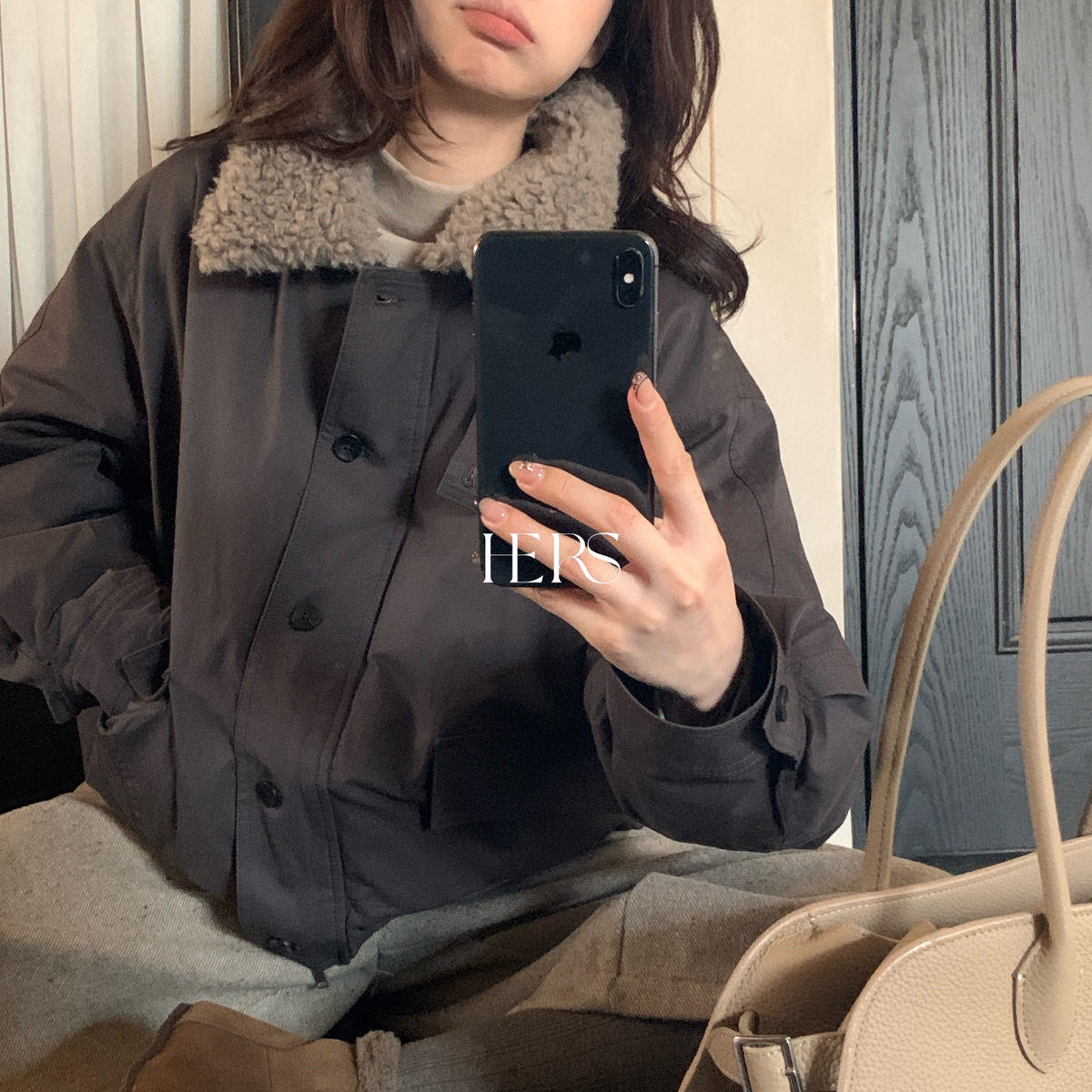 Hers-冬上新韩标复古简约日常工装夹克毛领保暖羽绒服外套92795