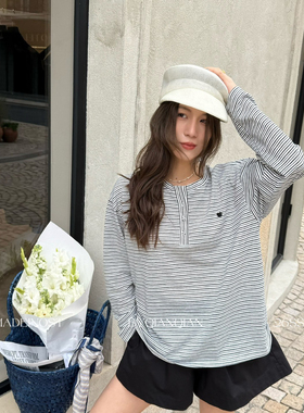 MADEIN OST-26年早春复古英伦条纹亨利领长袖T恤91193