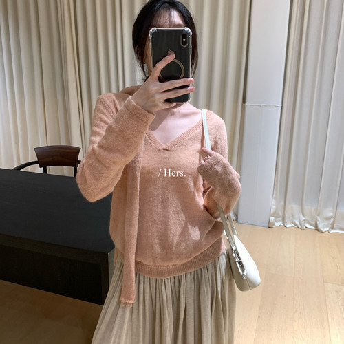 Hers-冬上新简约日常慵懒V领宽松毛衣(配围巾)62131