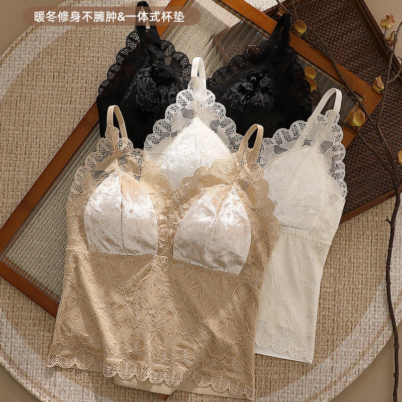秋冬蕾丝金丝绒磨毛吊带带胸垫女内搭美背吊带小背心带胸垫背心