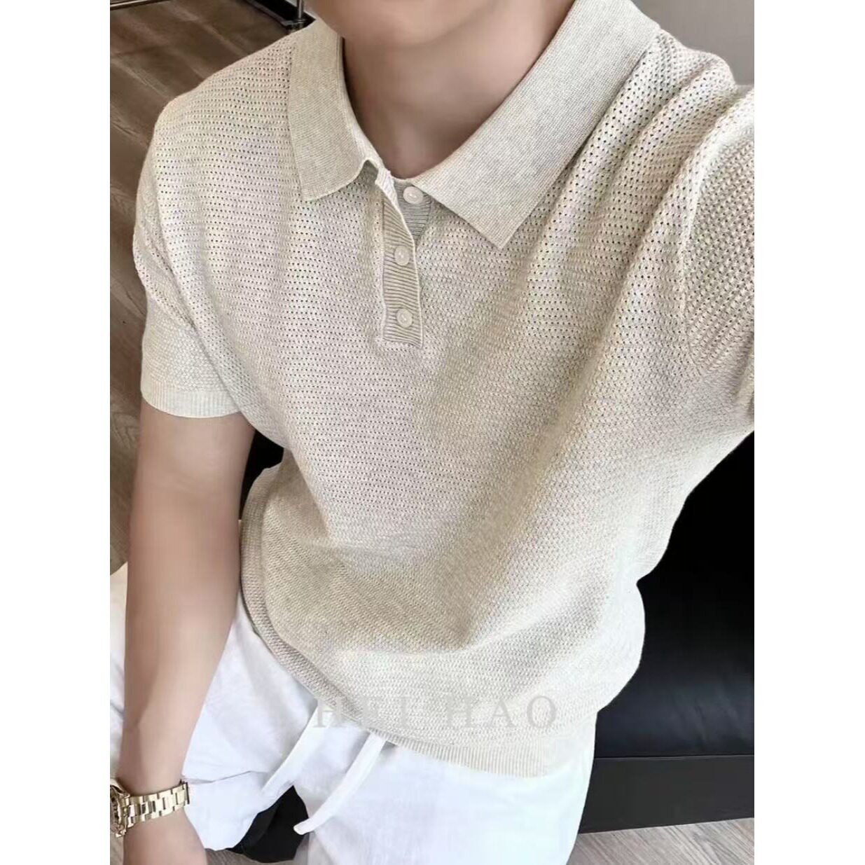 老钱莱赛尔男士短袖t恤亚麻休闲POLO衫透气夏季黑色灰色杏色圆领