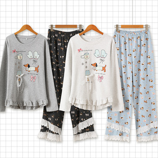 【95%棉+5%氨纶】秋冬薄款长袖长款卡通可爱圆领套头纯棉睡衣女