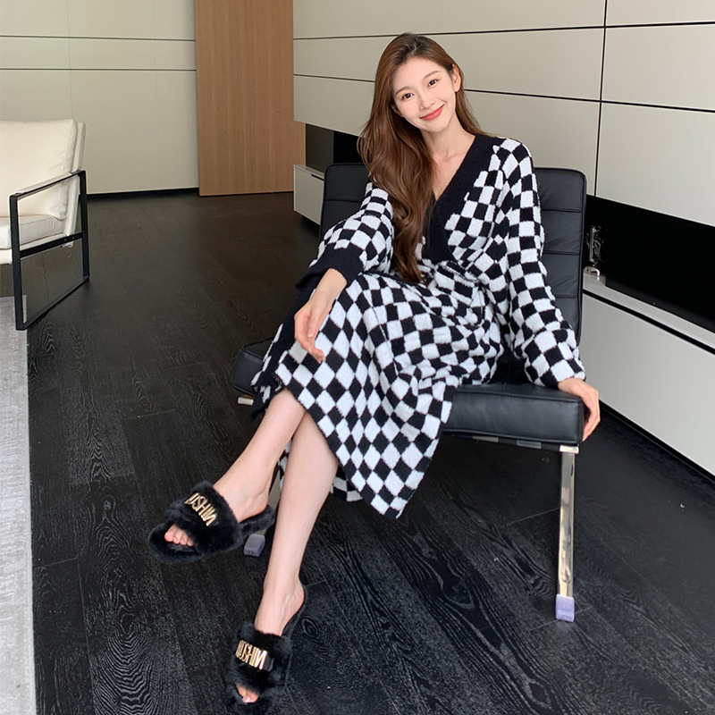 【软绵绵】格子甜美软绵绵睡裙系绳睡袍睡衣女士秋冬家居服