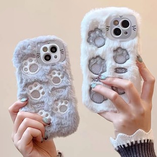 秋冬季 9r一加ace3v2 毛绒刺绣小猫咪15pro猫爪12mini苹果14plus适用iPhone16promax手机壳13pro男女款