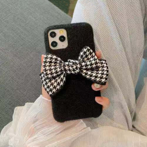 黑色耐脏秋冬款毛绒时尚蝴蝶结15苹果14适用iPhone17promax千鸟格子16pro手机壳1+13/12/11一加ace5pro/3v/2