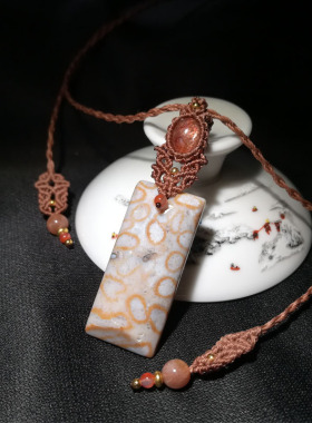 新编天然太阳石+珊瑚玉组合项链