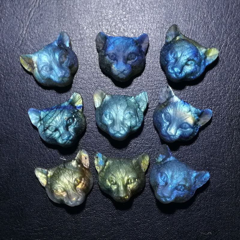 晴天石头铺天然拉长石无孔猫头小雕刻约20*18mm适合镶嵌绕线