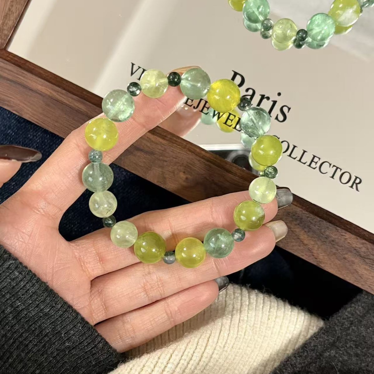 【清茶微雨】原创天然葡萄石岫玉绿萤石清新手串时尚轻奢设计感手