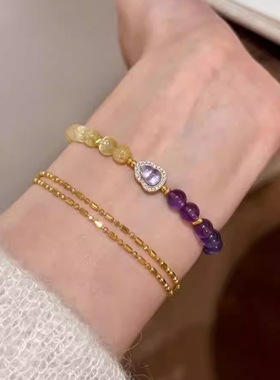 「紫瑞满盈」天然紫水晶金发晶手串女葫芦配饰黄水晶招财手链