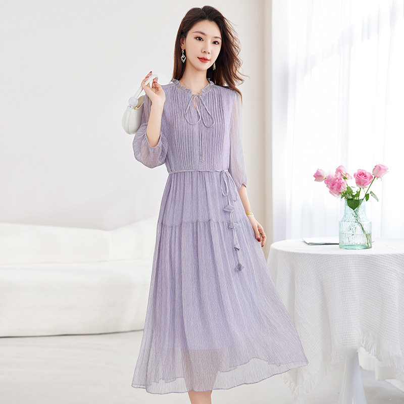 重磅真丝桑蚕丝连衣裙女2025夏新款时尚气质木耳边系带修身中长裙