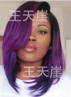 厂200欧美新款士新款女假发 偏分黑色渐变紫色短DUQ发B2OB 家