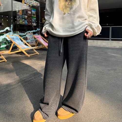 3ts 12/27 秋冬慵懒风抽绳条纹卫裤高腰加绒阔腿休闲裤直筒长裤