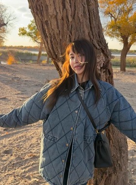 3ts冬季加厚菱格棉服牛仔夹棉外套棉袄厚款冬装宽松棉衣