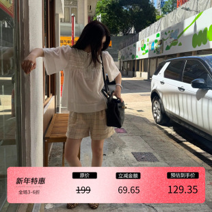 薄款 格子休闲裤 宽松bf慵懒风短裤 五分裤 纯棉麻 3ts 回馈 夏季