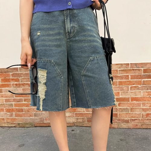 夏季破洞复古做旧水洗七分牛仔裤