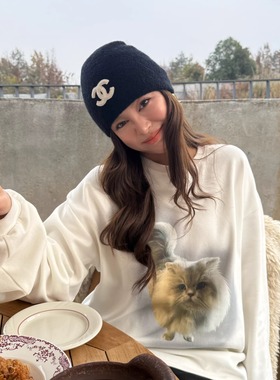 3ts 12/27 猫咪印花长袖磨毛T恤秋冬圆领套头内搭打底衫宽松上衣