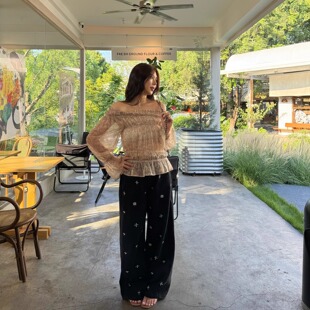 复古衬衣上衣 宽松一字领长袖 3ts法式 印花一字肩碎花衬衫