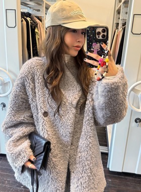 3ts 11/23 秋冬1oo羊毛皮草中长款单排扣毛毛外套高级感宽松大衣