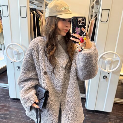 3ts 11/23 秋冬1oo羊毛皮草中长款单排扣毛毛外套高级感宽松大衣