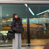 3ts 加厚外套 高级感黑色连帽羽绒服90白鸭绒泡芙感龟背短款