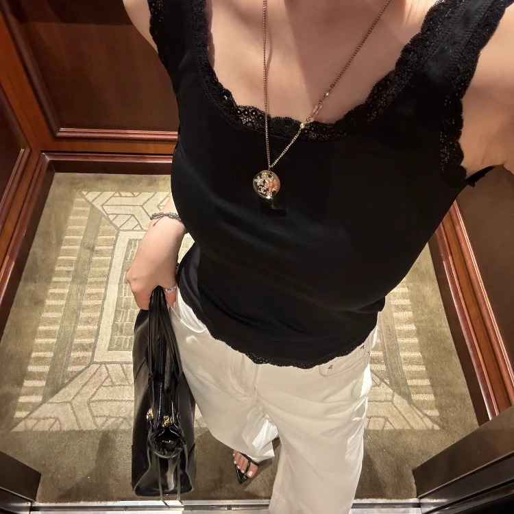 3ts【03/25】法式蕾丝吊带外穿背心上衣无袖显瘦内搭打底花边背心