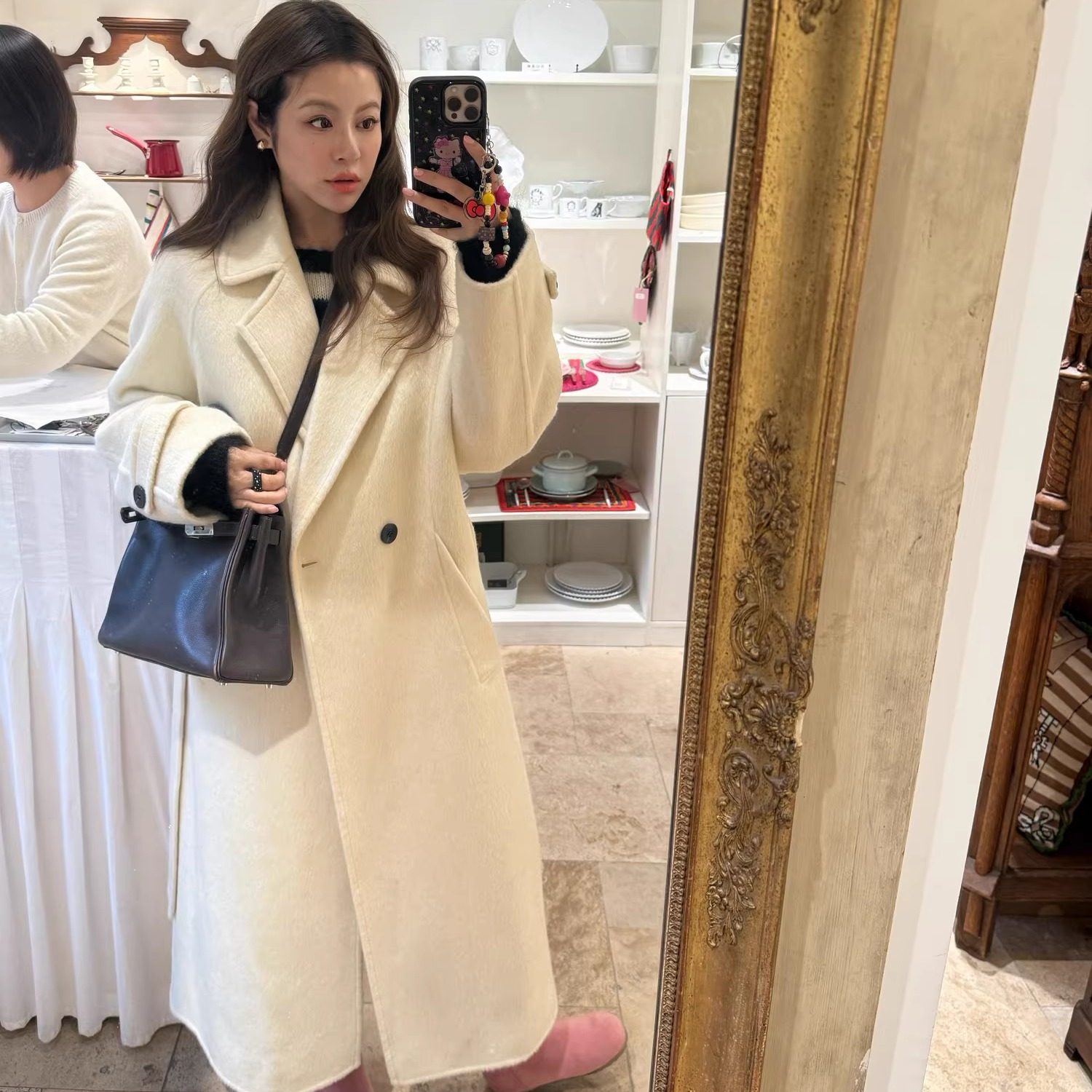 3ts 12/27 秋冬双面呢羊毛兔毛桑蚕丝混纺呢子大衣中长款毛呢外套