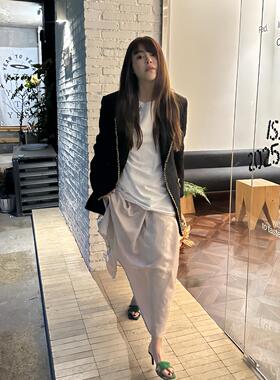 3ts法式宽松黑色小香风外套春季高级感名媛气质精致编织百搭西装