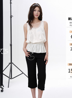 3ts 05/28白色法式U领蕾丝拼接无袖上衣抽绳短款花边领吊带背心女