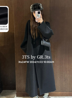 3ts 黑色高级感呢子大衣中长款骆驼绒羊毛双面毛呢外套