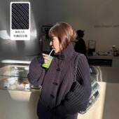 3ts秋冬法式 针织复古高级感慵懒风毛衣针织外套牛角扣粗针开衫