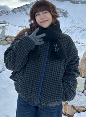 3ts法式高级感加厚棉服秋冬夹棉两面穿小香风格子外套女